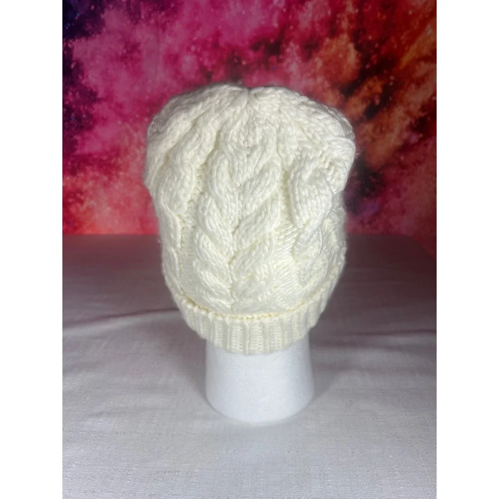 Michael Kors Cream Cable Knit Beanie Gold MK Logo Medallion Winter Hat White